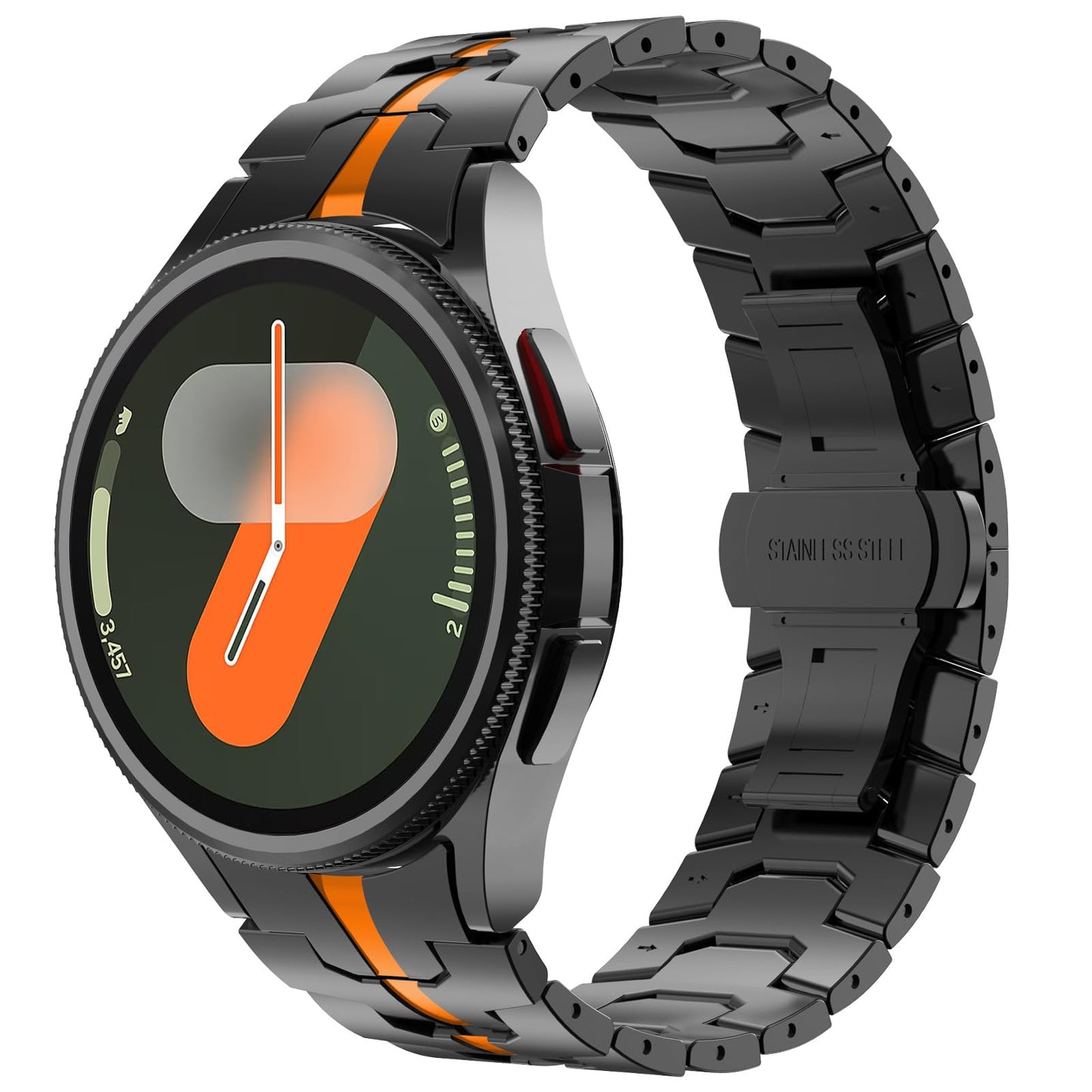 WINGLE Metal Bands for Samsung Galaxy Watch 7 6 5 4 Band Galaxy Watch 6 Classic/5 Pro/4 Classic/FE Band Men 47mm 43mm 45mm 44mm 40mm 46mm 42mm, No Gap Solid Stainless Steel Link, Black/Orange