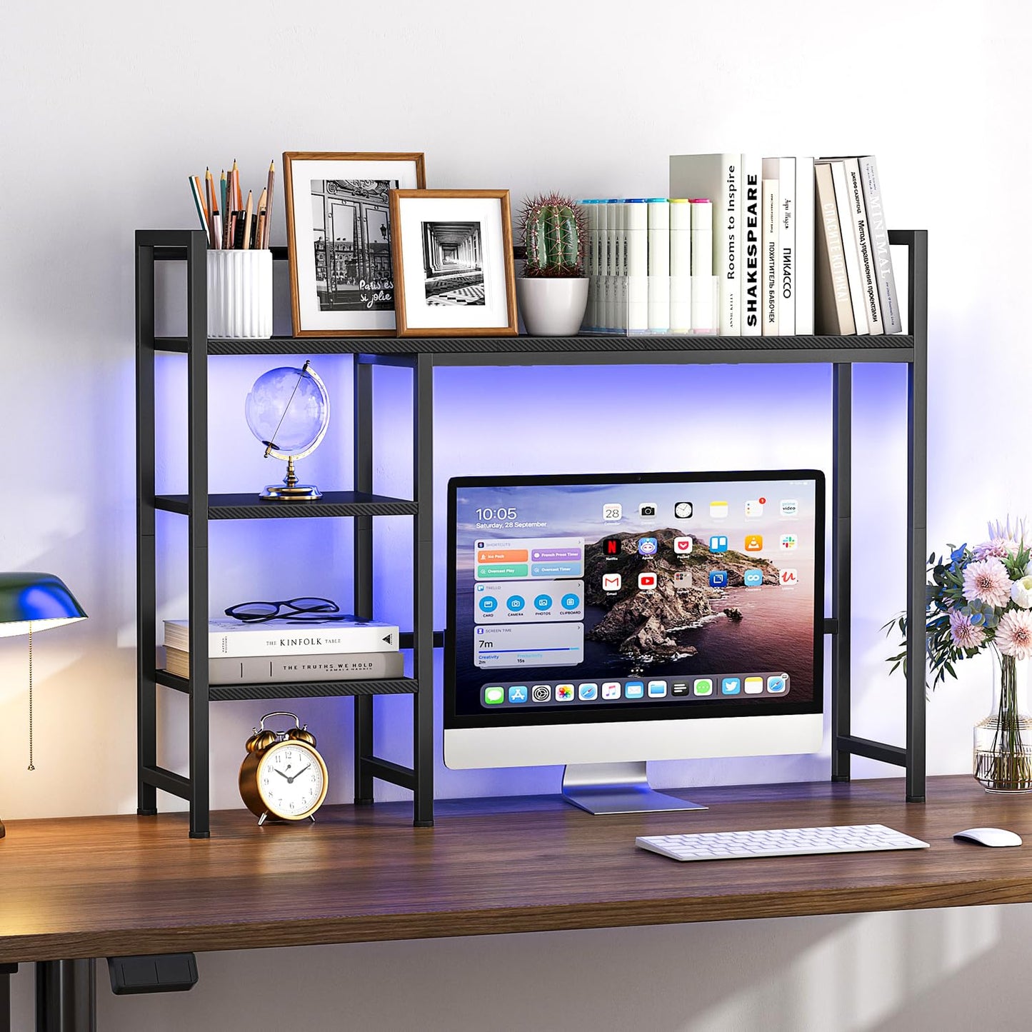 Snughome Desk Shelf with LED Strip, 38.6" Desktop Organizer Shelf, Desk Hutch for Computer Monitor, 4 Tier Desk Display Rack, Wood Desktop Bookshelf Storage Rack for Home Office Dorm