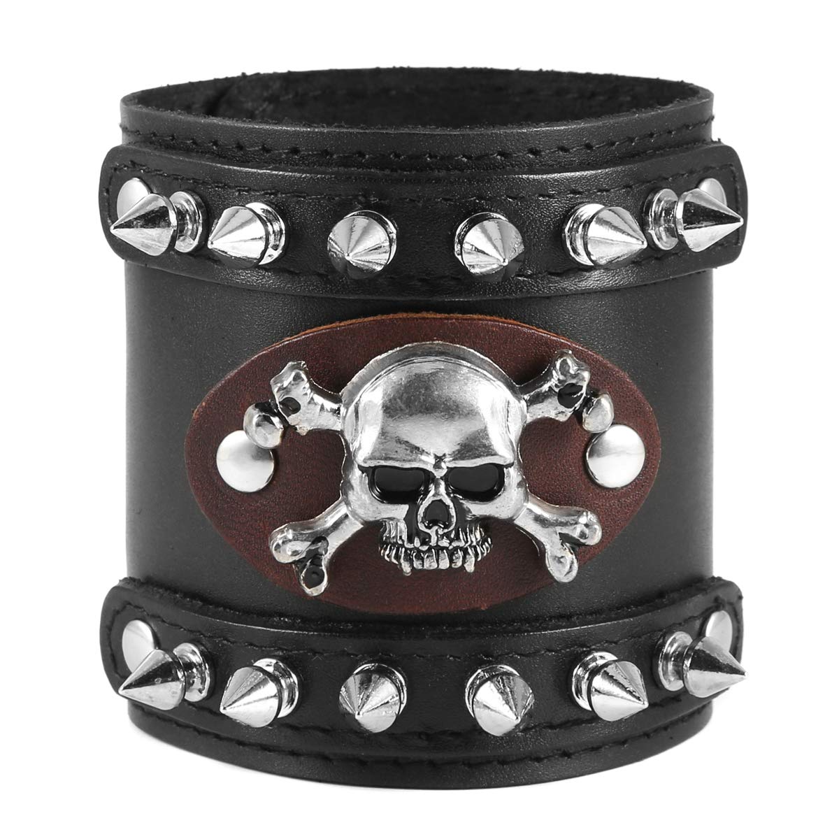 HZMAN Men's Metal Rivet Skull Leather Bracelet Punk Rock Bike Style Wristband Adjustable