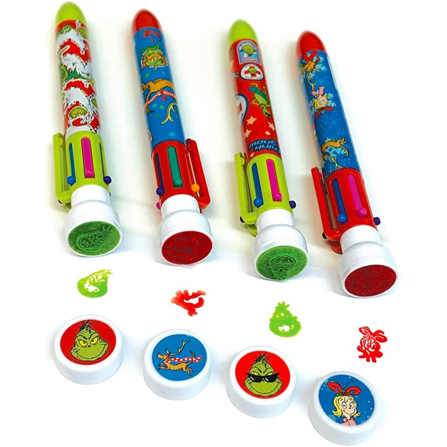 Dr. Seuss Grinch Pen 4 Pack - 4 Pc Bundle with Multicolor Ballpoint Pens with Stamper Christmas Gift Plus Stickers | How the Grinch Stole Christmas Stationery for Kids, Girls, Boys