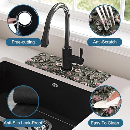 Cute Butterfly Sink Splash Guard Pink Flower Faucet Absorbing Mat Fast Drying