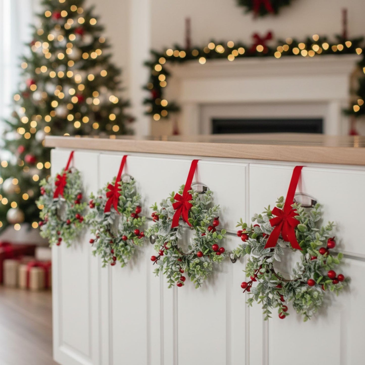 WILLBOND 8 Pieces 9.5" Mini Christmas Wreaths for Kitchen Cabinet Small Christmas Candle Rings Red Berries Wreath Pillar Candle Rings Xmas Hanging Garlands for Front Door Fireplace Window Decor