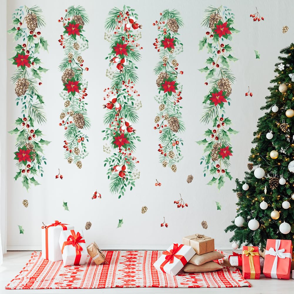 Christmas Garlands Wall Stickers Christmas Pine Cones Red Berry Vine Wall Decals Hanging Poinsettia Green Leaves Flower Window Decals for Xmas Winter Party Home Office Classroom Festival Decoration