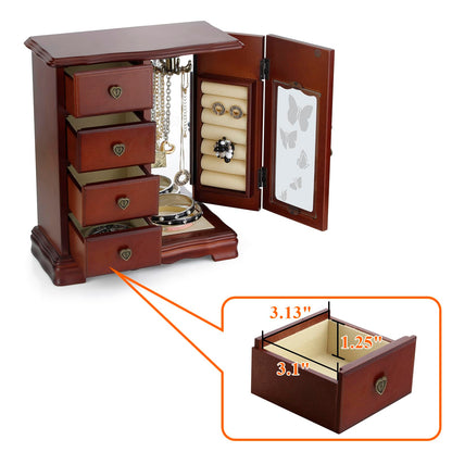 RR ROUND RICH DESIGN Solid Wooden Jewelry Box Makeup and Organizer Women Ring Storage with 4-Drawers Built-in Necklace Carousel and Mirror Brown