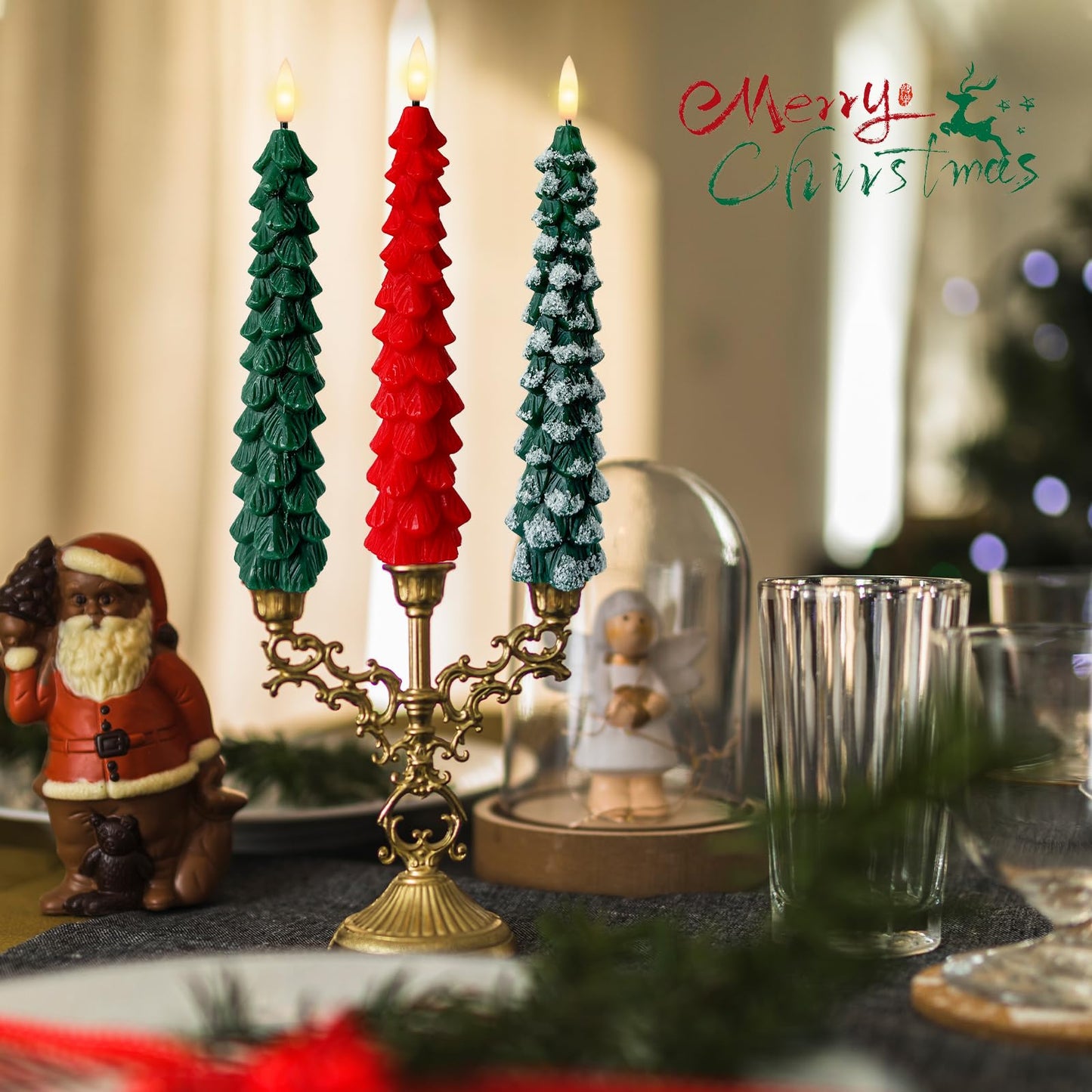 6 Pack Christmas Tree Taper Candles Flameless Taper Candles with Remote Timer Christmas Tree Candlesticks 3D Wick Flickering Battery Operated Candles for Christmas Holiday Home Party Decoration