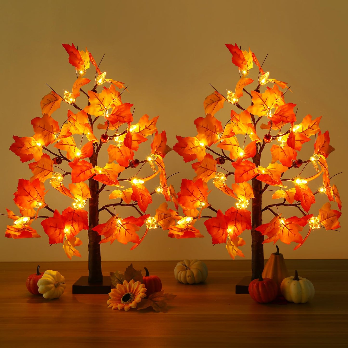 Joyhalo 2 Pack 23.5 Inch Fall Trees with Lights, Timer Battery Operated Fall Light Up Tree for Thanksgiving Autumn Home Office Room Indoor Decorations, Faux Fall Lighted Maple Trees Decor
