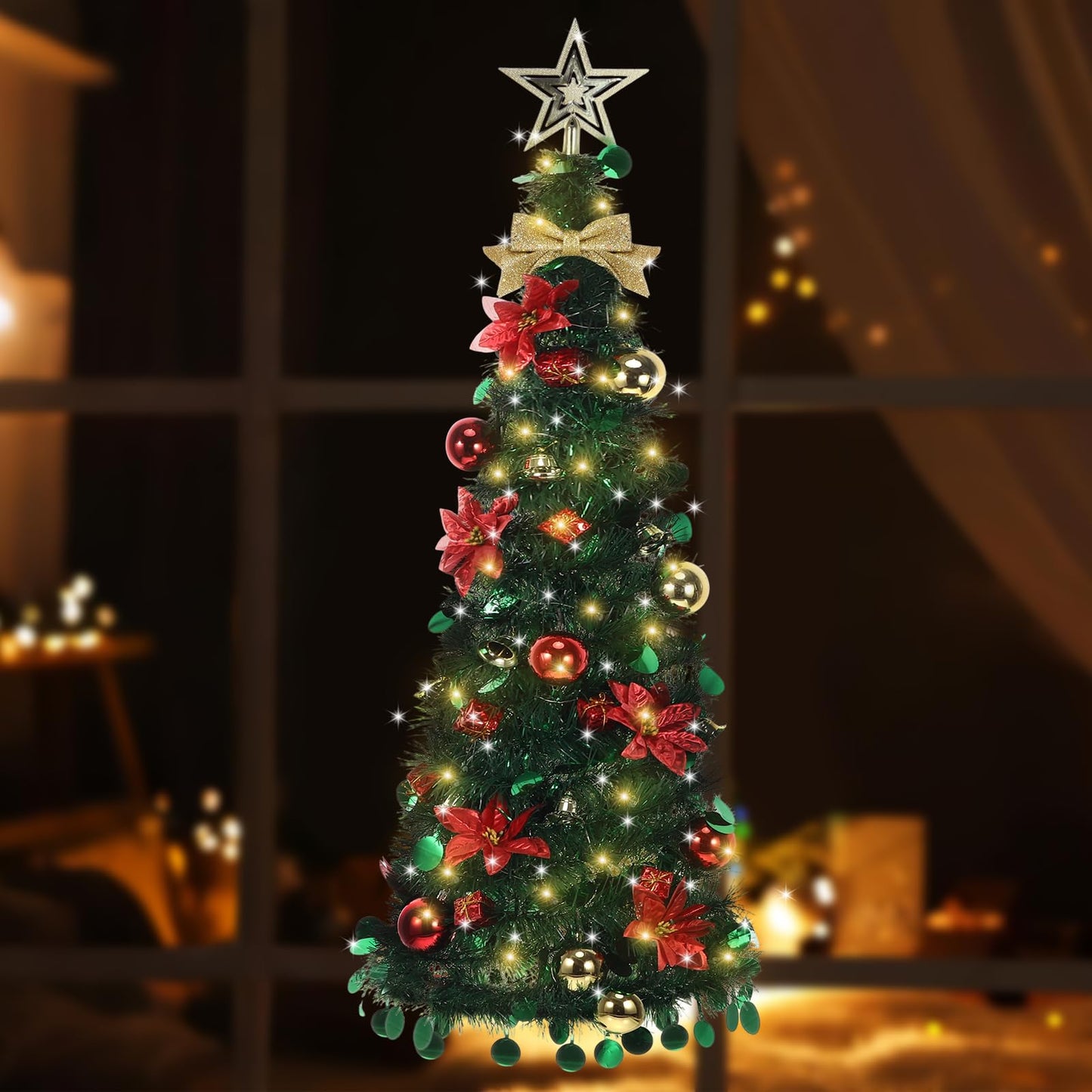Suncalla Wall Christmas Tree with Lights 40inch, Artificial Wall Hanging Xmas Decoration with 50 LED String Lights, Saving-Space Door Hanging Xmas Tree Small Space Home School Office (Red Gold)