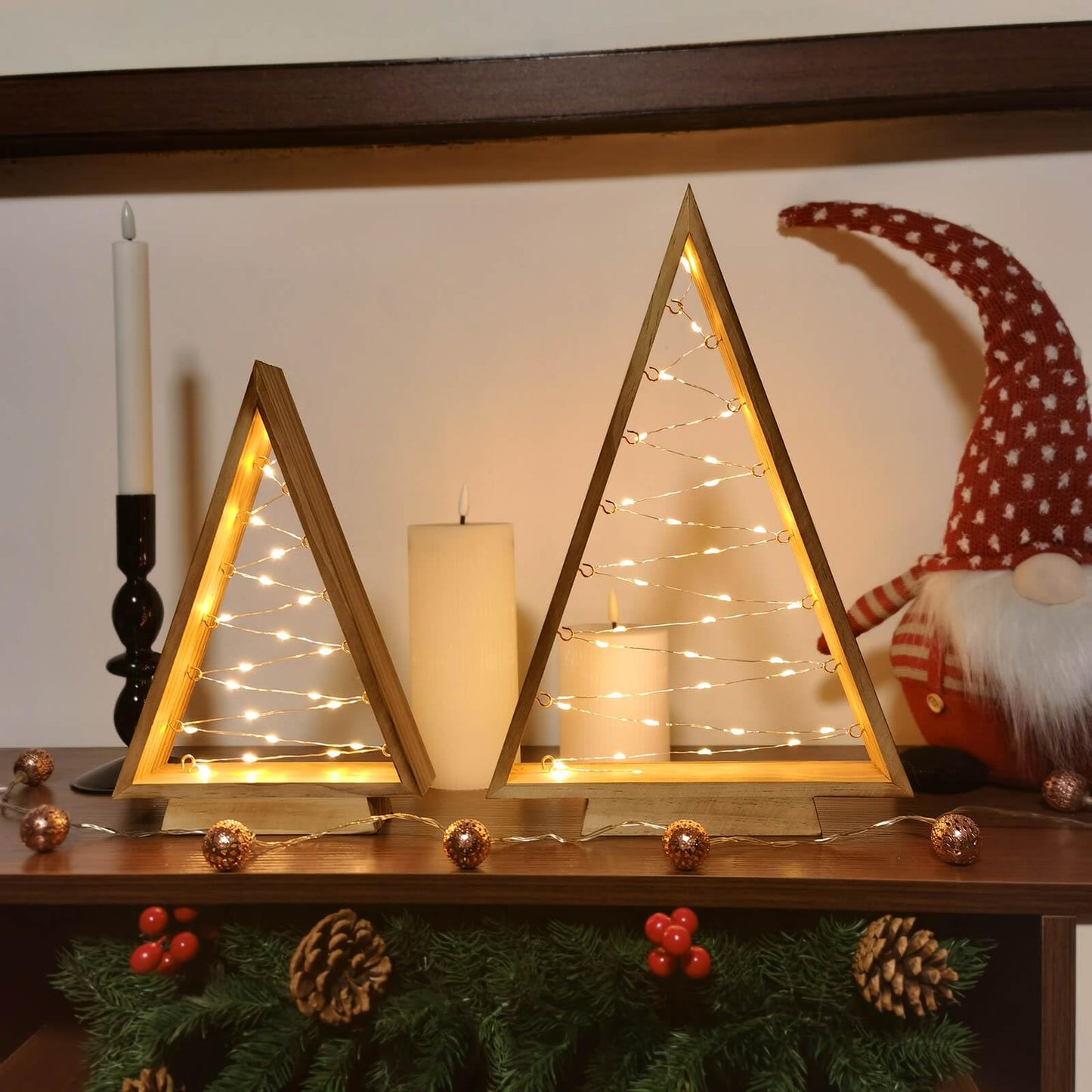 Leejec LED Wooden Christmas Tree Light, Modern Farmhouse Tabletop Christmas Décor, Table Fireplace Mantle Shelf Decorations, Set of 2 (14.3" and 10.7" Tall)