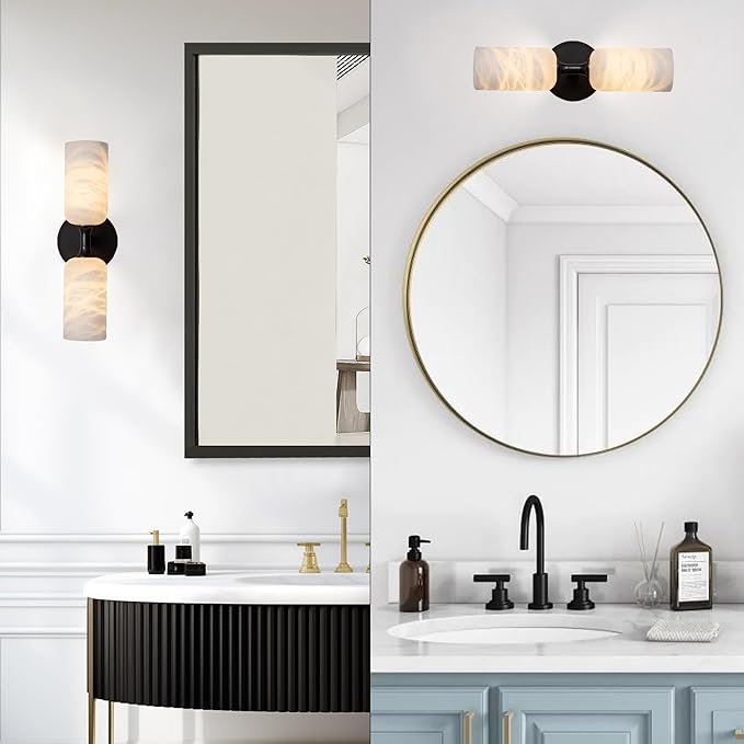 Alabaster Wall Sconce, 14in Modern Spanish Natural Marble Bathroom Vanity Sconces, Unique Indoor Black Wall Lighting Fixtures Decor for Bedroom Living Room Staircases