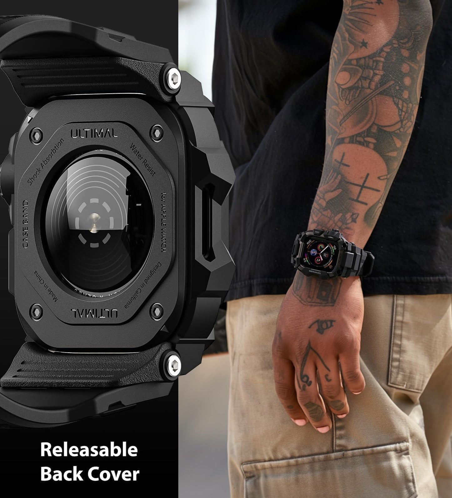 ULTIMAL Rugged Case with Band for Apple Watch 44mm,Compatible with Apple Watch Series SE 3/SE 2/SE Generation/6/5/4, Military Grade Shockproof Bumper Cover for iWatch Tactical Band Men (Black, 44mm)