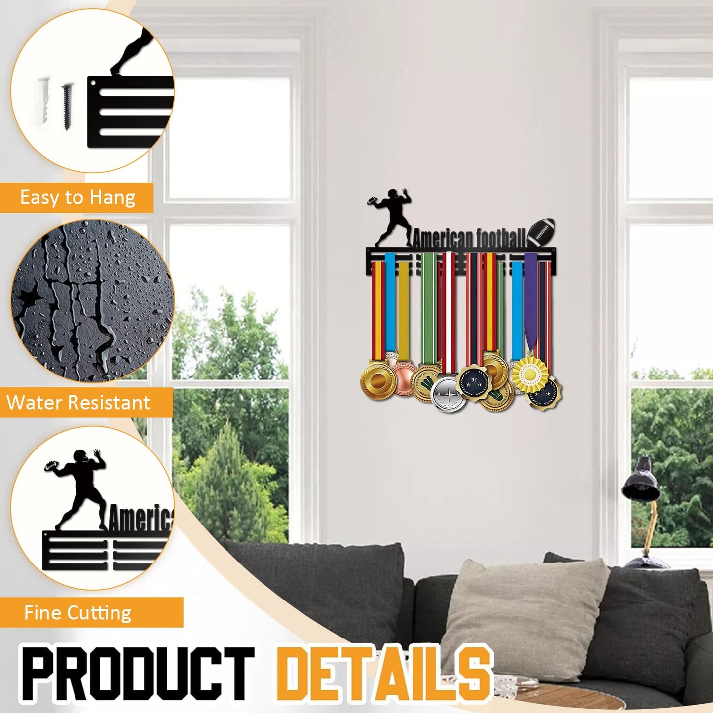 Resama Fashion Medal Hanger Holder Display Wall Rack Frame Shelf-Black Metal Medal Hanger Awards Ribbon Cheer,Gymnastics,American Football Easy to Install