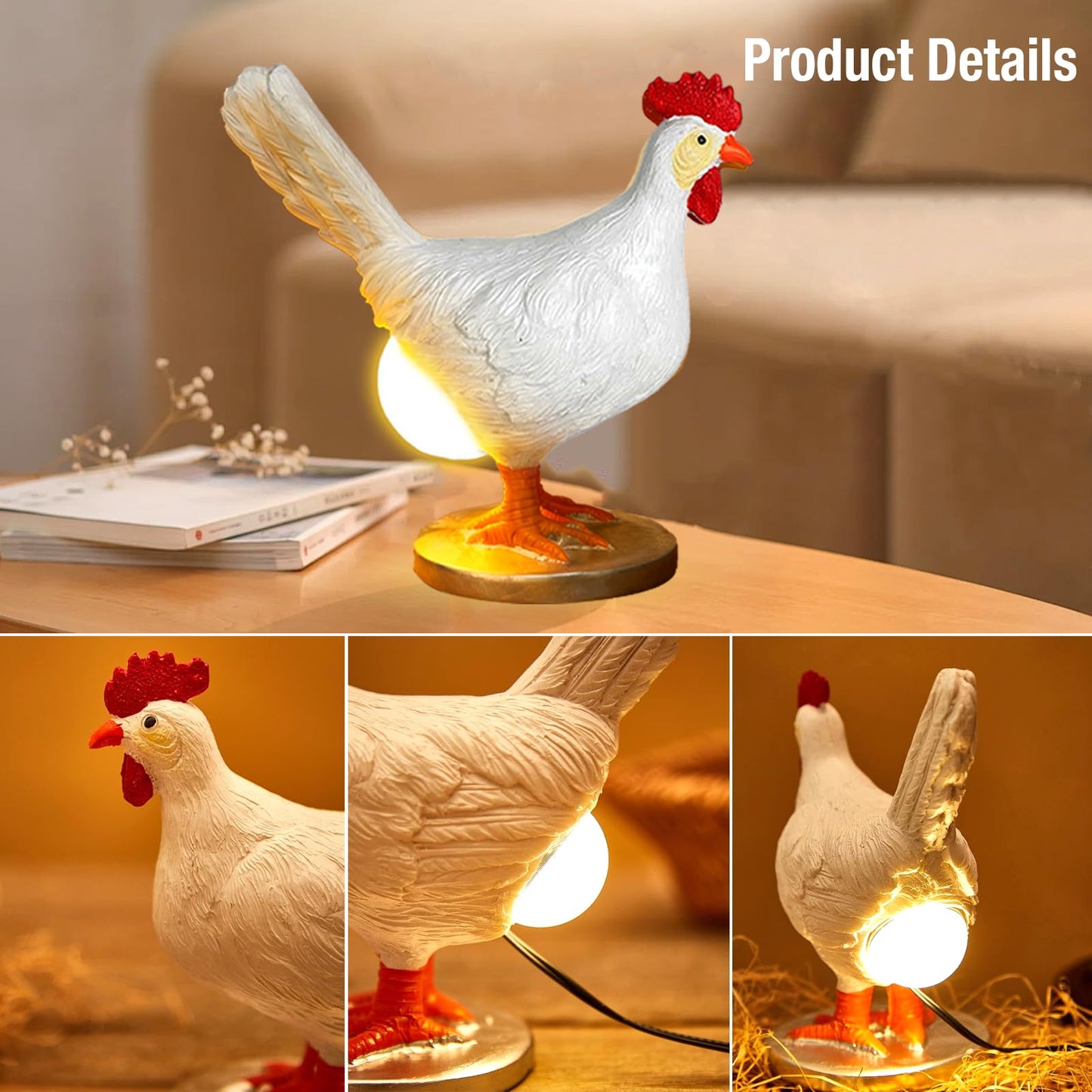 ZXBLAQ Chicken Egg lamp Resin LED Egg Night Light Lifelike Rooster Lamp with Bulb Funny Gifts for Easter Christmas Birthdays