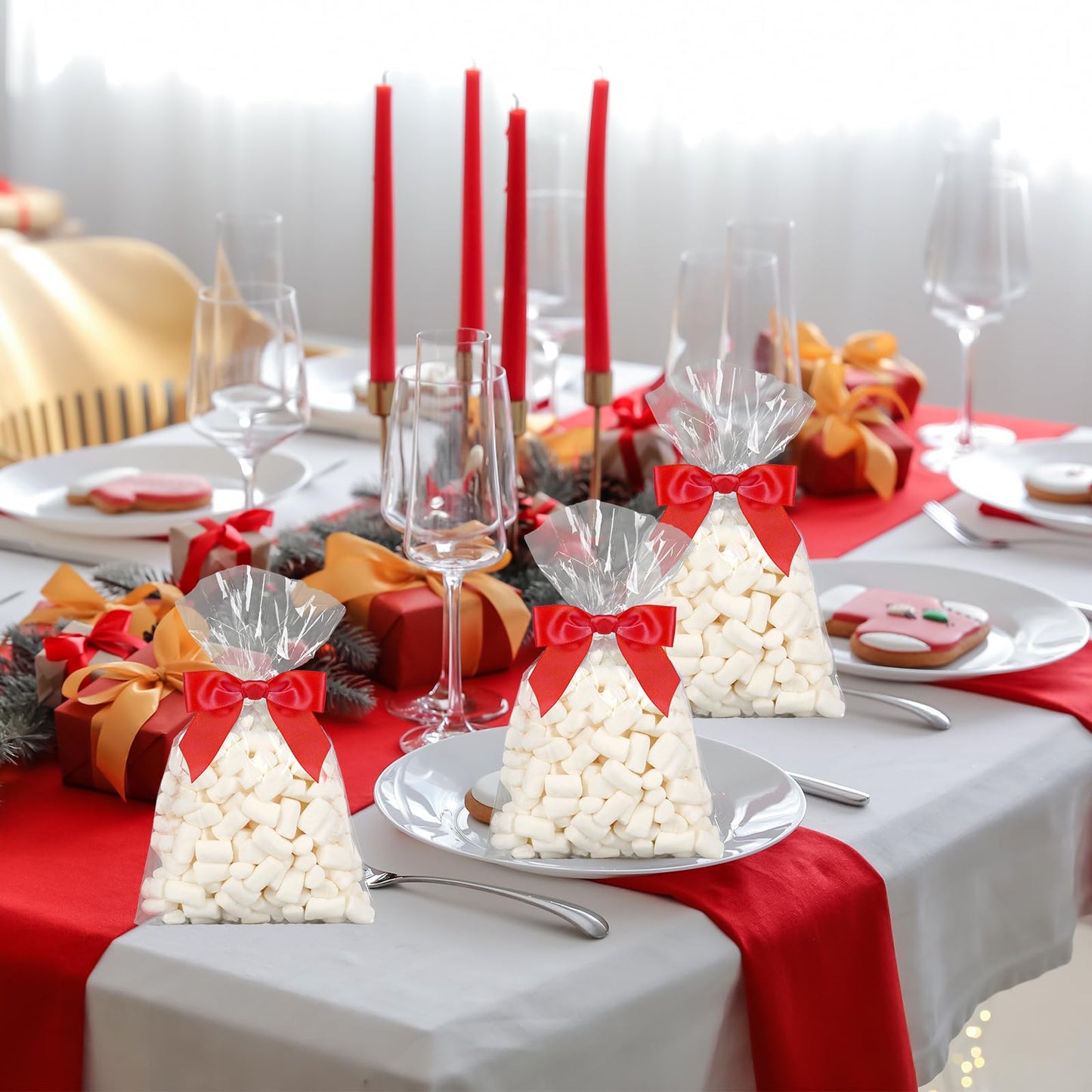 JarThenaAMCS 50Pcs Valentine's Day Clear Cellophane Bag with Red Bow Twist Tie Candy Treat Bags Plastic Goodie Bags for Christmas Xmas Home Party Sweet Snack Cookie Packing