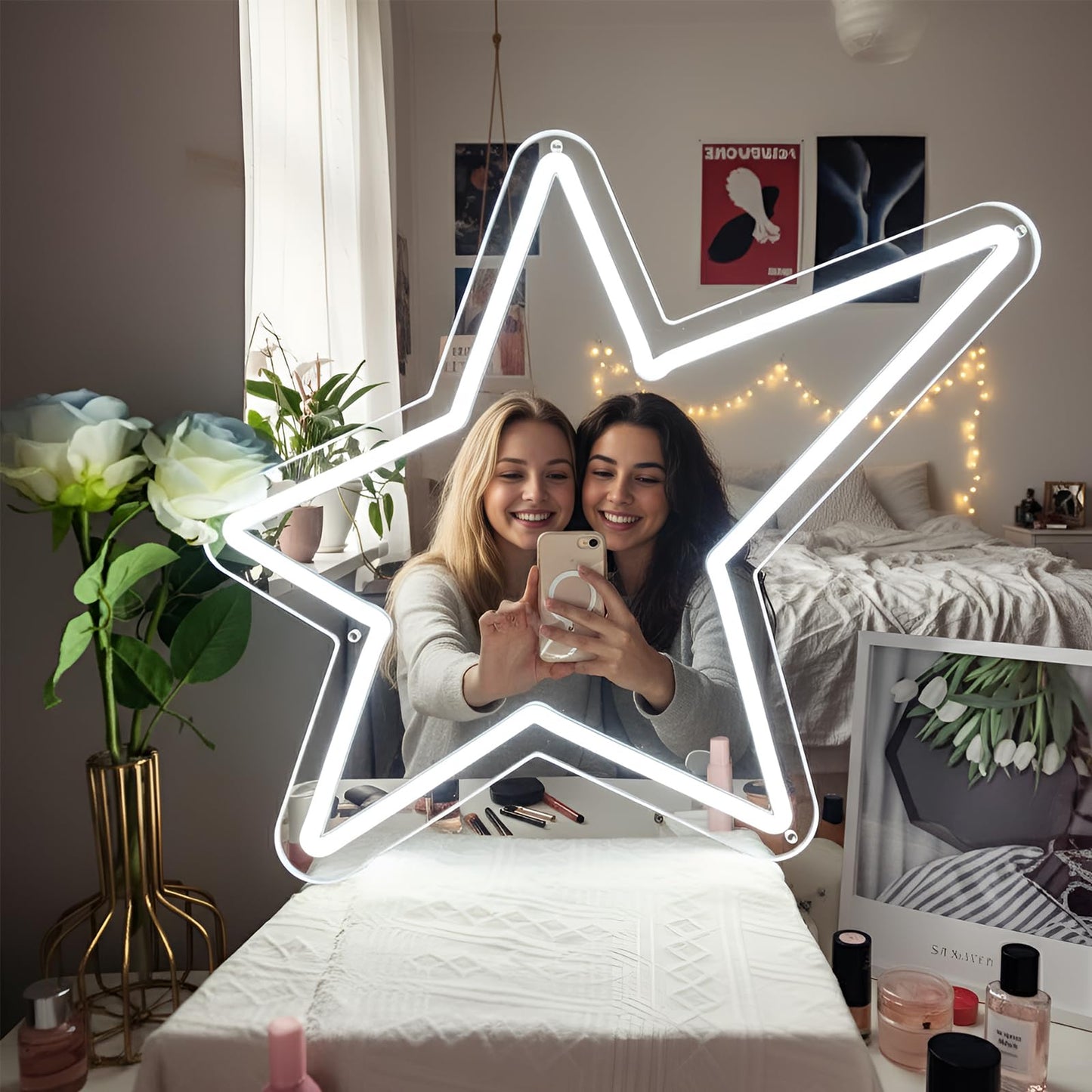 Bucherry Star Neon Mirror Sign, Star Room Mirror, USB LED Light, White, 12"x15", Decorative Wall Decor, Ideal for Bedroom, Party, Studio, Store, Gift