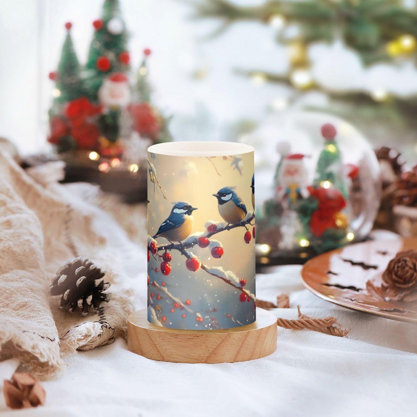 ALAZA Christmas Winter Birds Cherry Flickering Flameless Candles Battery Operated with Remote Timer,Tea Light Candles LED Pillar Votive Candles Set of 2 for Outdoor Indoor Decorations