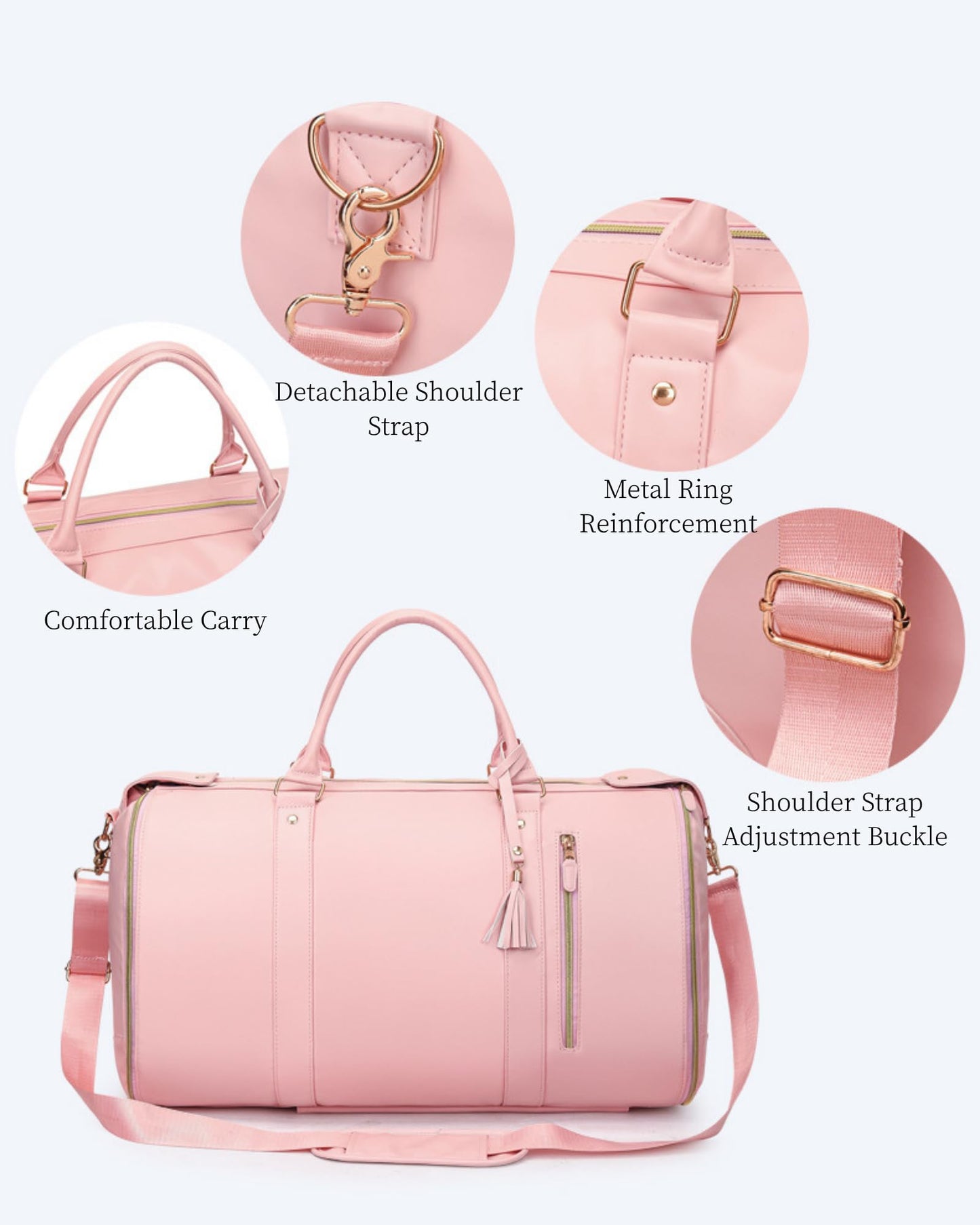Garment Duffle Bag for Travel, 2-in-1 Garment Bags Carry On Hanging Suit Bag, Foldable PU Leather No Wrinkle Dress Bag for Women & Men, Weekender Overnight Business Trip Pink
