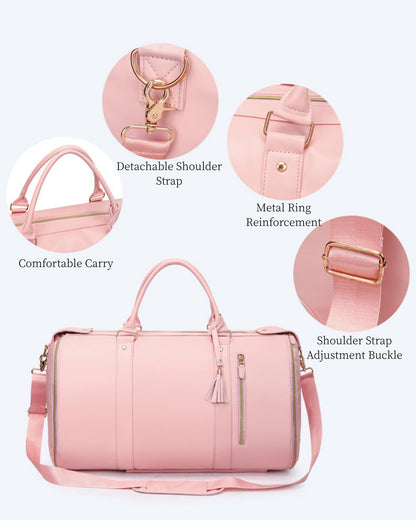 Garment Duffle Bag for Travel, 2-in-1 Garment Bags Carry On Hanging Suit Bag, Foldable PU Leather No Wrinkle Dress Bag for Women & Men, Weekender Overnight Business Trip Pink