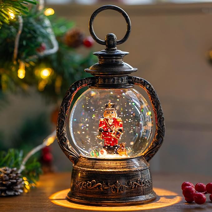 Christmas Snow Globe Lantern Water Glittering Nutcracker with Music & Timer, USB Lined/Battery Operated Lighted Lantern for Christmas Festival Decoration Gifts
