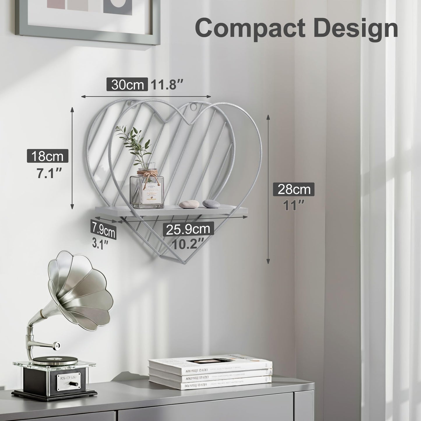 Afuly Wall Shelf Metal Grey Floating Shelves Heart Design Small Shelf Storage Rack Modern Romantic Farmhouse Style Cute Fancy Unique Nursery Room Bathroom Bedroom Wall Decor