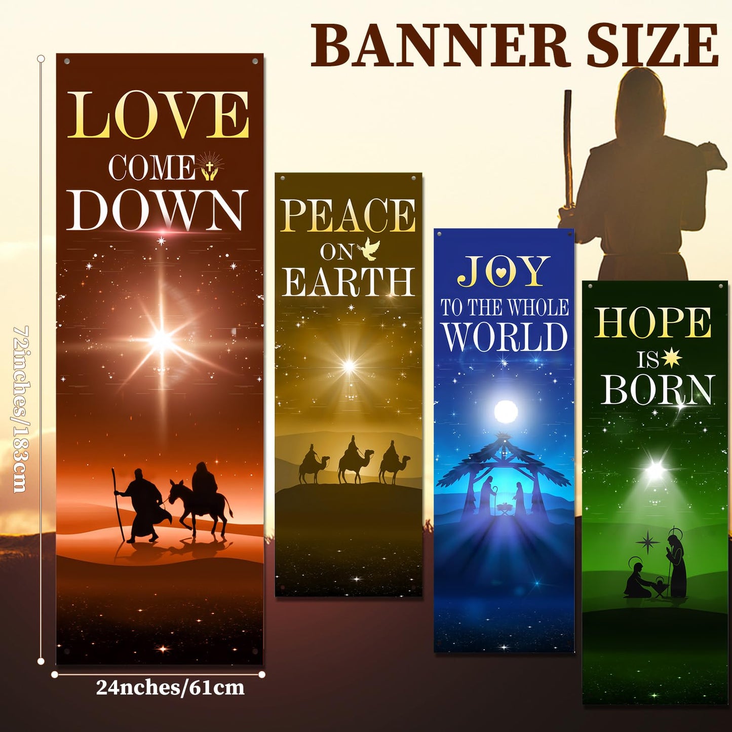 Hahafelt 4 Pcs Advent Church Banners for Sanctuary Wall, 2 x 6 ft Nativity Scene Banner Easter Religious Hanging Sign for Schools Church Easter Nativity Decor
