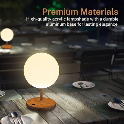 Outdoor Battery Operated Table Lamp & Power Bank - 5000mAh Rechargeable Battery Powered, Touch Dimmable, 3 Color Temperatures, IP44 Waterproof Lamp for Home, Patio Use - 9.6 In Modern Wood Grain Globe