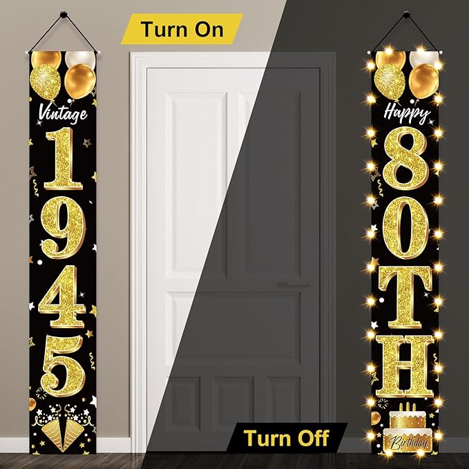 80th Birthday Party Banner Lighted Decorations for Men Women - Black Gold Vintage 1945 80th Birthday Door Banners with LED Light, Eighty Years Bday Party Supplies for Indoor Outdoor Decor