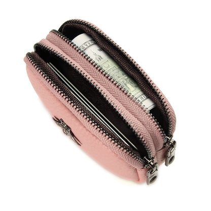 Yocipa Genuine Leather Coin Purse for Women Small Double Zipper Wallet Mini Change Pouch with Bee Charm for Cash Cards Keys Cute Compact Organizer (Pink)
