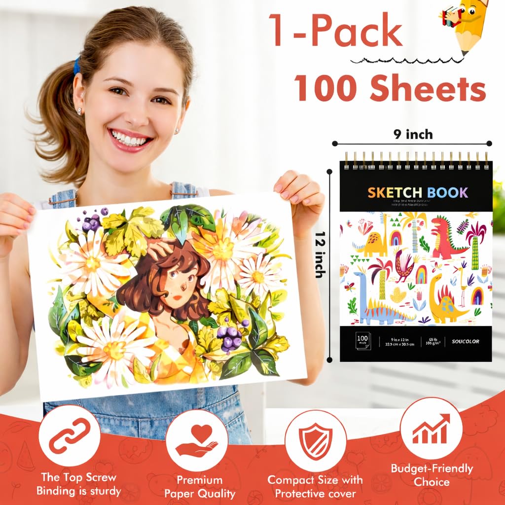 Soucolor 9" x 12" Sketch Book, 100 Sheets Spiral Bound Art Sketchbook, Acid Free Artist Drawing Book Paper, Art Supplies for Adults, Craft Activities, Sketch Paper for Drawing Coloring Sketching