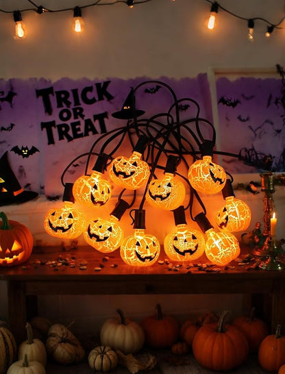 Unleash a Haunting Glow: 10.5ft Plug-in Halloween Pumpkin String Lights, Connectable (Up to 72 Strands), Waterproof Jack o Lantern Lights for Outdoor/Indoor, Heavy-Duty Orange Holiday Lights for Porch