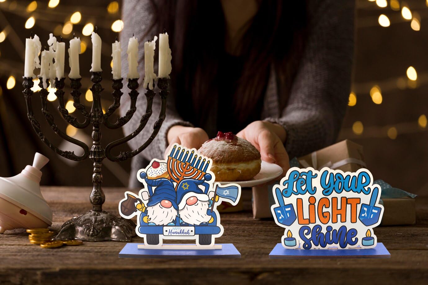 Estivaux 3 PCS Happy Hanukkah Table Centerpieces Chanukah Menorah Table Topper Decor Star of David Wooden Signs Jewish Festival Gnomes Wooden Centerpieces for Table Home Hanukkah Decorations