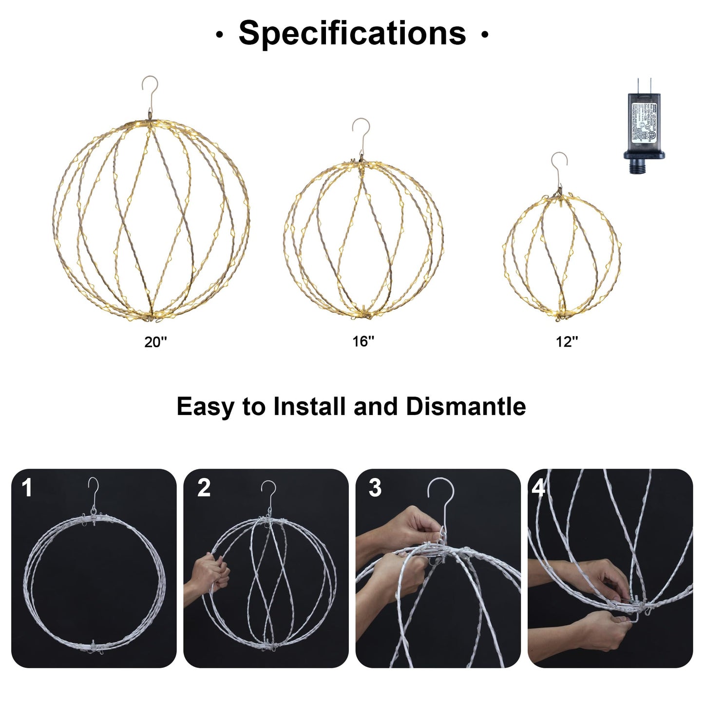 Lightshare 248LED 12IN+16IN+20IN Light Ball Yard Decoration Pathway Lights White Sphere Light Fold Flat Metal Frame Indoor Outdoor Waterproof Garden Lights, Plug in(Set of 3)