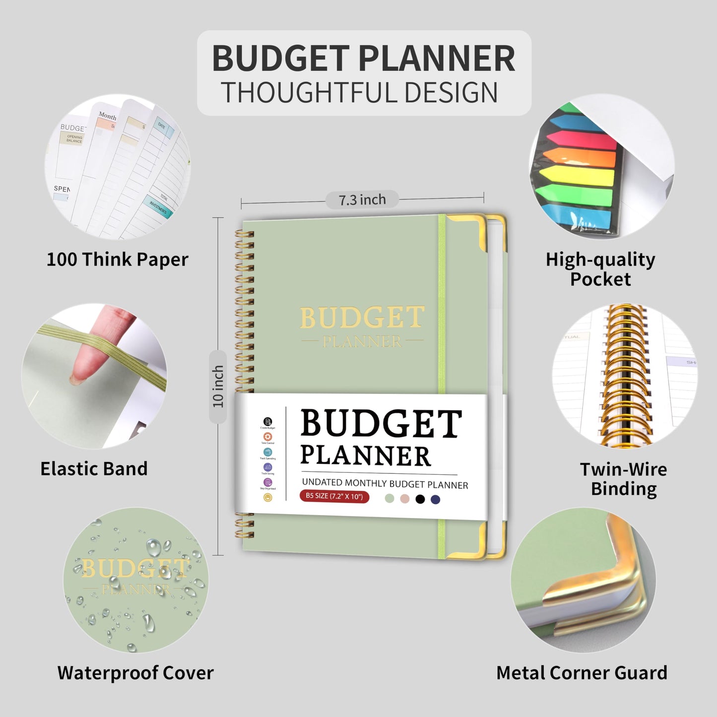 Budget Planner - Monthly Budget Book B5, Undated 12 Month Expense Tracker Notebook with Metal Corner Protectors & Bill Organizer, Hard Cover Financial Account Book for Women Men Home Business, Green