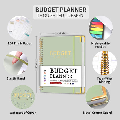 Budget Planner - Monthly Budget Book B5, Undated 12 Month Expense Tracker Notebook with Metal Corner Protectors & Bill Organizer, Hard Cover Financial Account Book for Women Men Home Business, Green