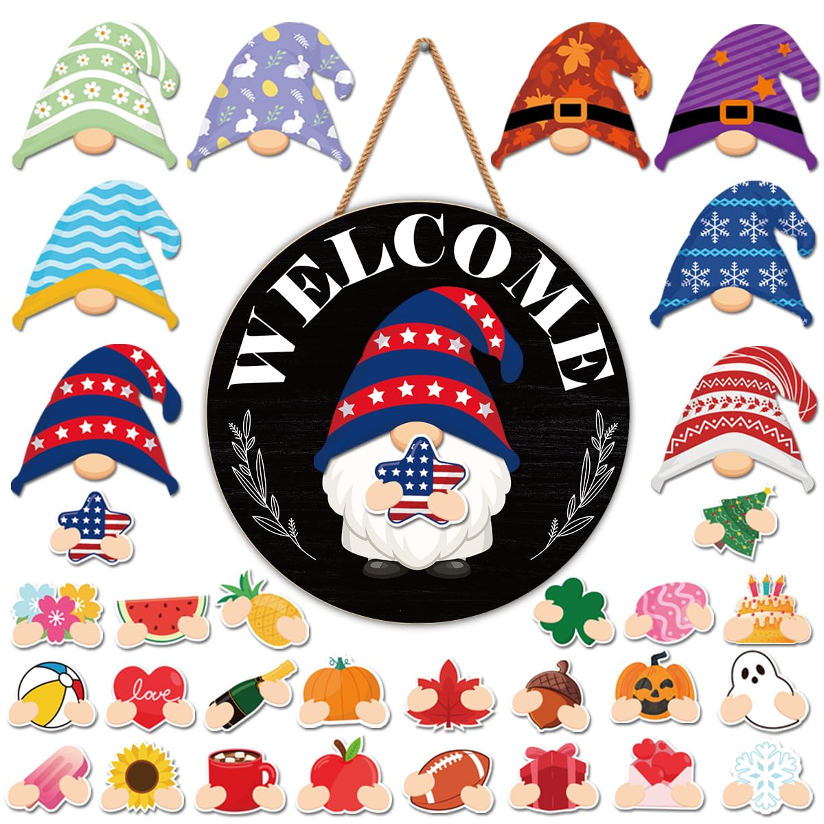 Interchangeable Gnome Welcome Sign Summer Patriotic 4th of July Porch Decor, Changeable Wood Gnomes Front Door Decoration Wreath Hanger for Spring Fall Winter All Seasons Holiday, Black and White