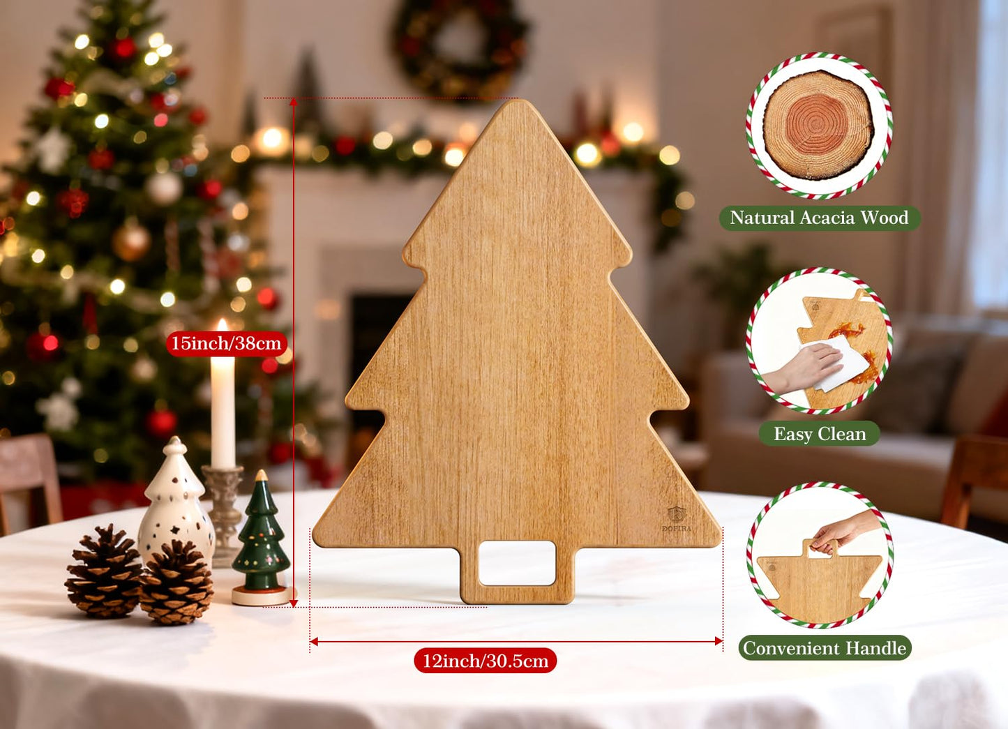 Dofira Acacia Wood Christmas Tree Cutting Board 15x12 Inch Charcuterie Board with Handle, Xmas Cheese Appetizer Tray, Wooden Decorative Serving Platter for Holiday Kitchen Party