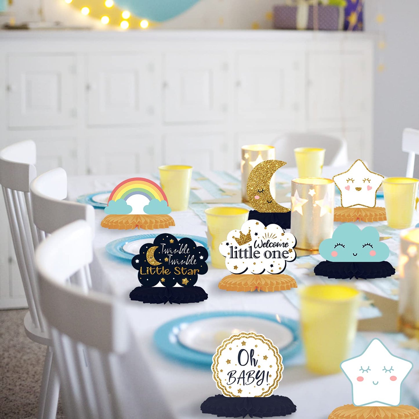 LINGTEER Twinkle Twinkle Little Star Table Honeycomb Stand Centerpieces - Cheers to Baby Shower First Birthday Welcome Little One Party Table Decorations Sign - Boy.