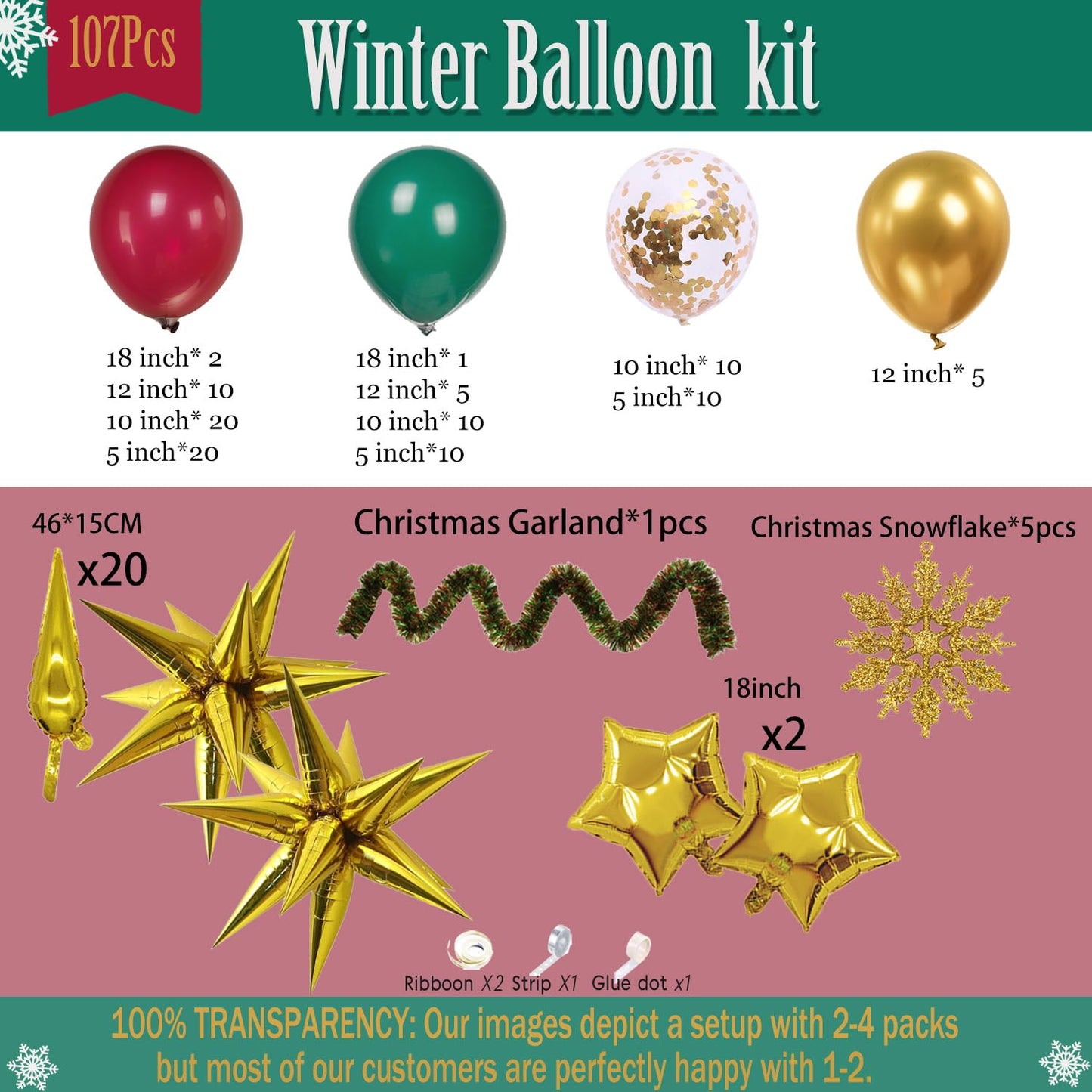 Winter Christmas Garland decorations with Maroon Hunter Green Gold confetti Balloon arch & Foil Star balloons & Artificial Snowflake Xmas Garland for wine red friendsmas new year party decorations