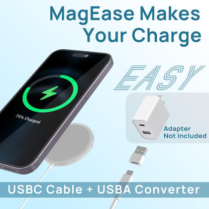 Magnetic Wireless Charger,MagEase 15W Wireless Charger Magnetic Compatible with iPhone 16 15 14 13 12 Series and AirPods 3/2/Pro, Charging Pad with USB-C Cable and USB-A Converter (White)