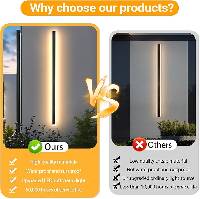 2 Pack 92 Inch Modern Outdoor Wall Light, 3000K Black Exterior Light Fixtures Wall Mount Ip65 Waterproof Modern Porch Lights Wall Sconce Long Linear Outside Lighting for House