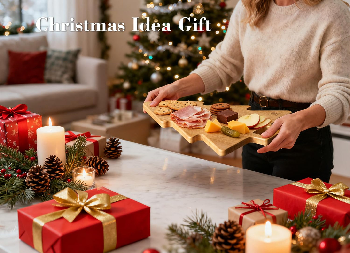 Dofira Acacia Wood Christmas Tree Cutting Board 15x12 Inch Charcuterie Board with Handle, Xmas Cheese Appetizer Tray, Wooden Decorative Serving Platter for Holiday Kitchen Party