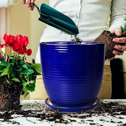 Ceramic Planter Pot - 12 Inch Pot for Plants Large Indoor Plant Pot with Drainage Hole and Saucer Fluted Round Planter for Outdoor Plants Flower Pot for Home Garden Blue