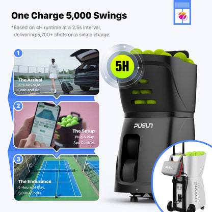 PUSUN PT-Smart Tennis Ball Machine: App Control,12 Drills,6-Level Spin,28-Pt,14 Padel Modes,75 MPH,32.6 lbs,100+ Ball, 5H Battery, Portable, for Fitness,Coaches,Solo Practice,Pros,School (Black)