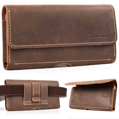 Gentlestache Leather Phone Holster for iPhone 15 Pro Max & Galaxy S24 Ultra - Two Pocket Phone Pouch with Thick Case, Dark Brown