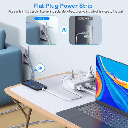 Flat Plug Power Strip Surge Protector, 5ft Ultra Thin Extension Cord with 4 USB Wall Charger(2 USB C Port), 6 Widely-Spaced Outlets Power Strip Compact for Travel, Office, Dorm Room Essentials (White)
