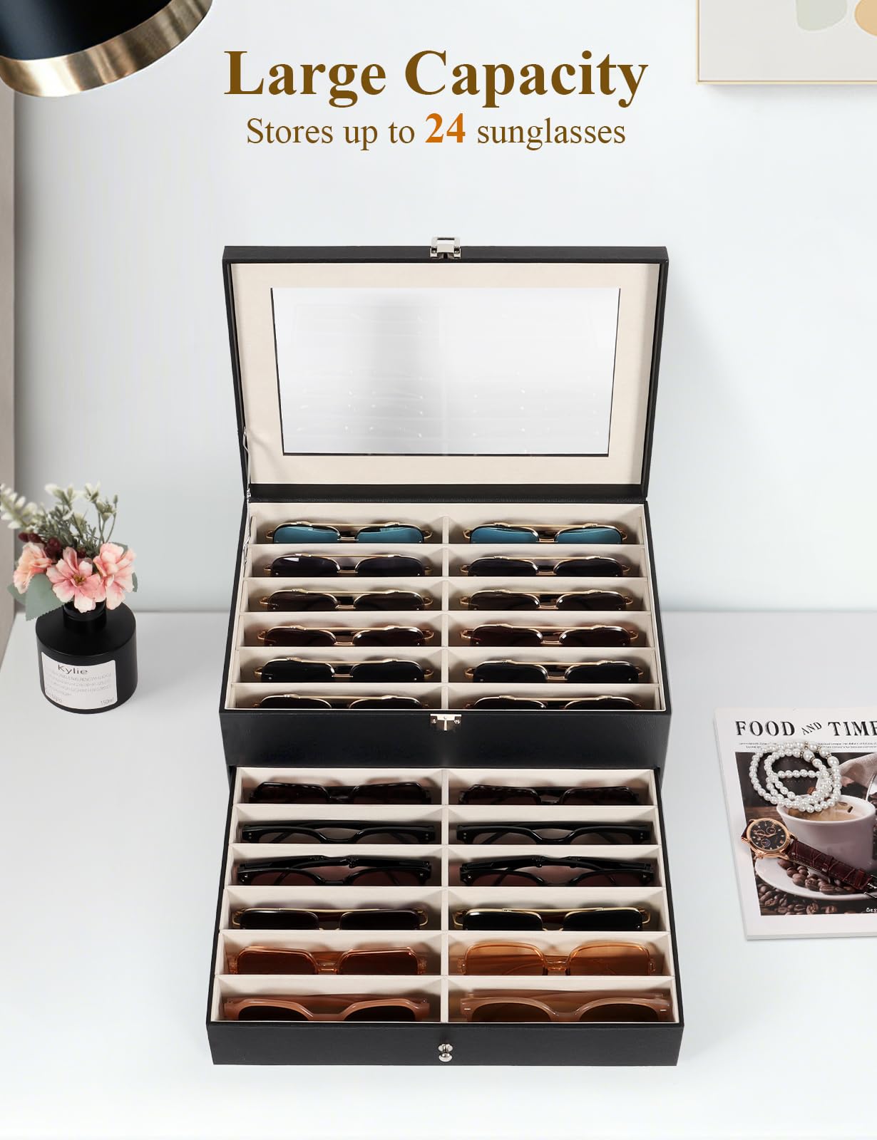 Huvon Sunglasses Storage Organizer Case with 24 Adjustable Slots, 2 Layer Multi Eyeglass Glasses Display Box with Lid Women