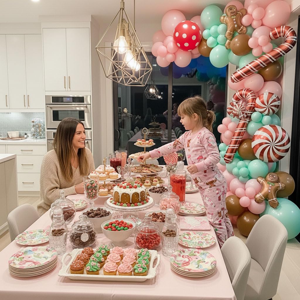 Christmas Balloon Garland Arch Kit 126Pcs Large Gingerbread Man Cane Foil Red Green Lollipop Candy & Mint Pink Cocoa Balloons for Xmas New Year Party Decorations