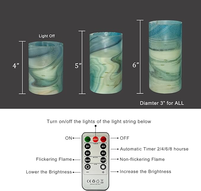 Flickering Flameless Candles Blue Water Ripple Print, Embedded Star String Lights, Battery Operated Acrylic LED Pillar Candles with 11-Key Remote and Timer for Home Decoration, 3 Pack