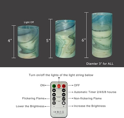 Flickering Flameless Candles Blue Water Ripple Print, Embedded Star String Lights, Battery Operated Acrylic LED Pillar Candles with 11-Key Remote and Timer for Home Decoration, 3 Pack