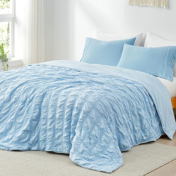 Cozy Bliss Cooling Comforter Full Size Seersucker Plaid, Q-Max 0.4 Reversible Lightweight Cooling Blanket, Breathable Silk Smooth Summer Bedding Quilt for Hot Sleepers Night Sweats Blue