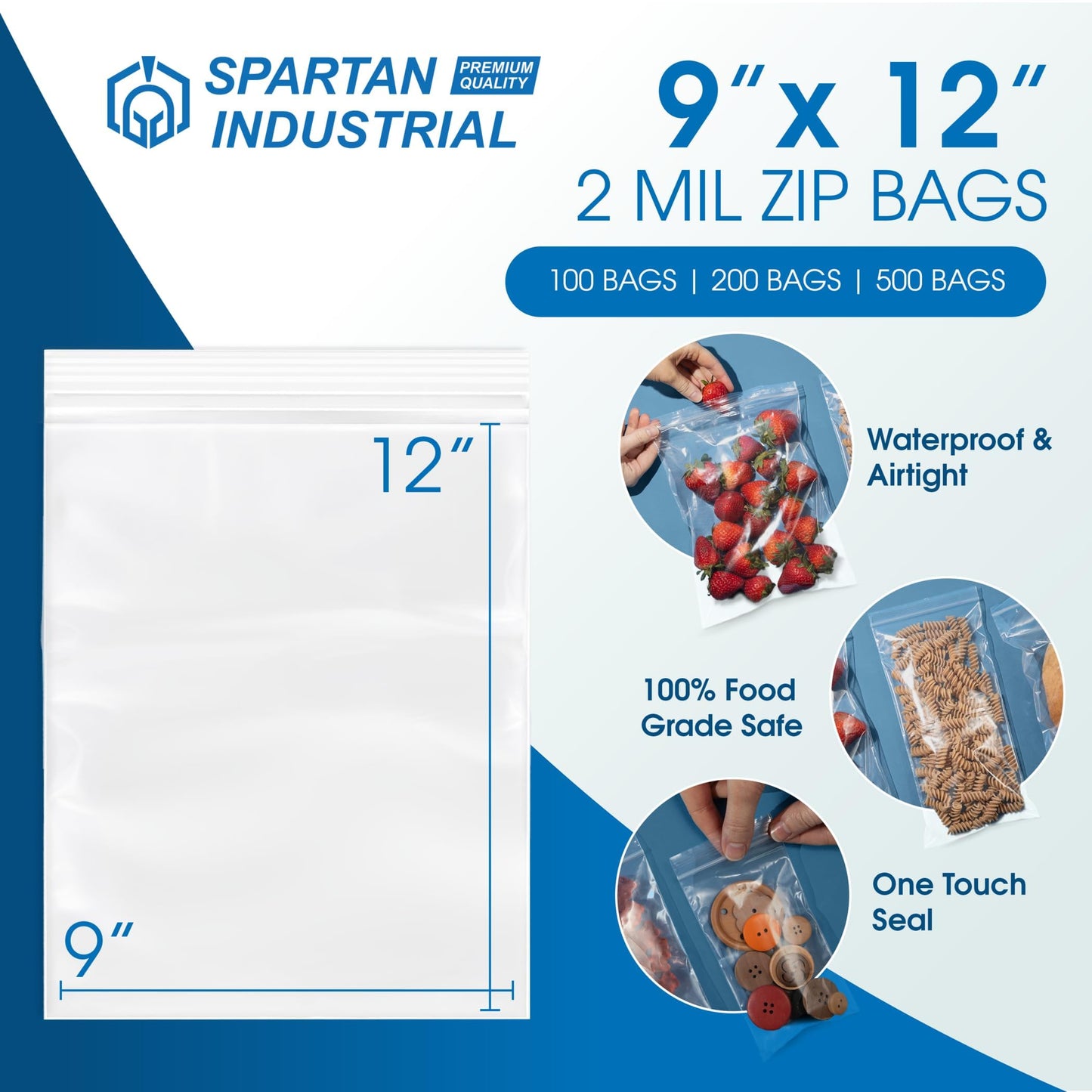 Spartan Industrial - 9" X 12" (100 Count) 2 Mil Clear Reclosable Zip Plastic Poly Bags with Resealable Lock Seal Zipper